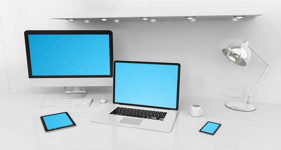 现代白色书桌内政部与计算机和设备 3d 楼效果图