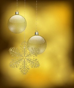 圣诞设计与金色闪光雪花装饰和两个小泡和空间的文字在金色的 bokeh 背景