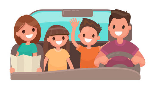 幸福的家庭，在车里。快乐的旅行。矢量插图
