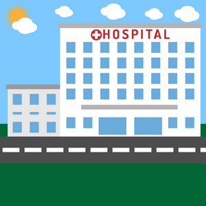 医院建筑与草和天空
