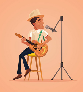 歌手人性格唱首歌，弹吉他。矢量平面卡通插画