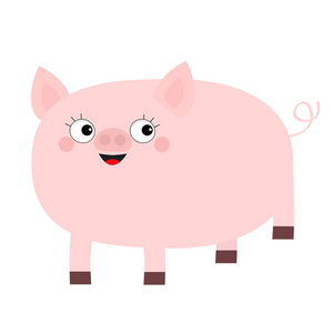粉红猪动物。笑脸。可爱的卡通搞笑婴儿字符。猪母猪. 眼睛带着睫毛。2019年新的一年的中国象征。星座。扁平设计。白色背景。向量例