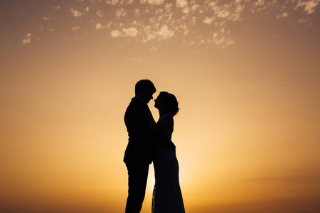 这对新婚夫妇在日落时天空的轮廓。我的婚礼