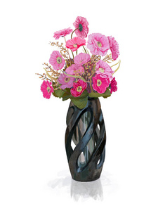 粉红色的花，插在花瓶里的花束反映阴影