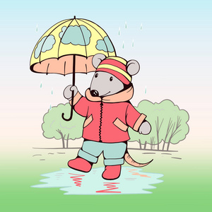 鼠标用一把伞在雨中
