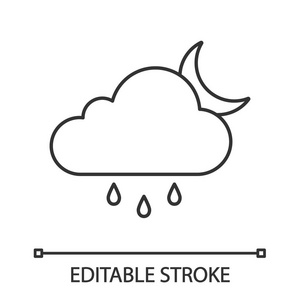 雨夜线形图标。晚上小雨或淋浴。细线插图。云, 雨滴和月亮。天气预报。等值线符号。矢量隔离轮廓图。可编辑描边