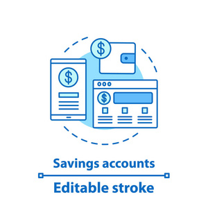 网上银行概念图标。储蓄银行帐户想法细线例证。在线支付系统。金融交易。数字钱包。矢量隔离轮廓绘图。可编辑笔画