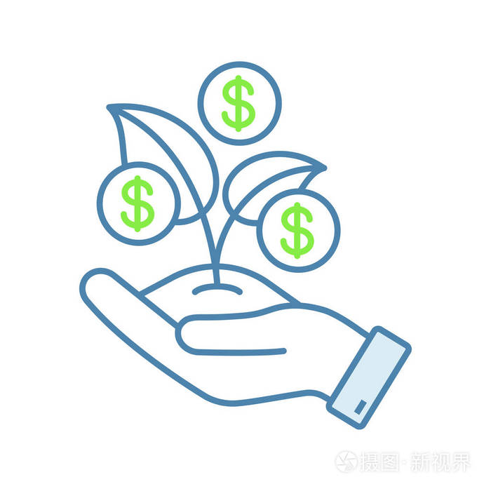 种子钱颜色图标.种子资金, 资本.业务发展.手拿着一元