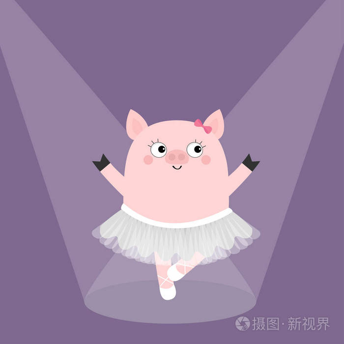 猪的贝莱丽娜跳舞被聚光灯照亮.小猪小猪芭蕾舞者穿着