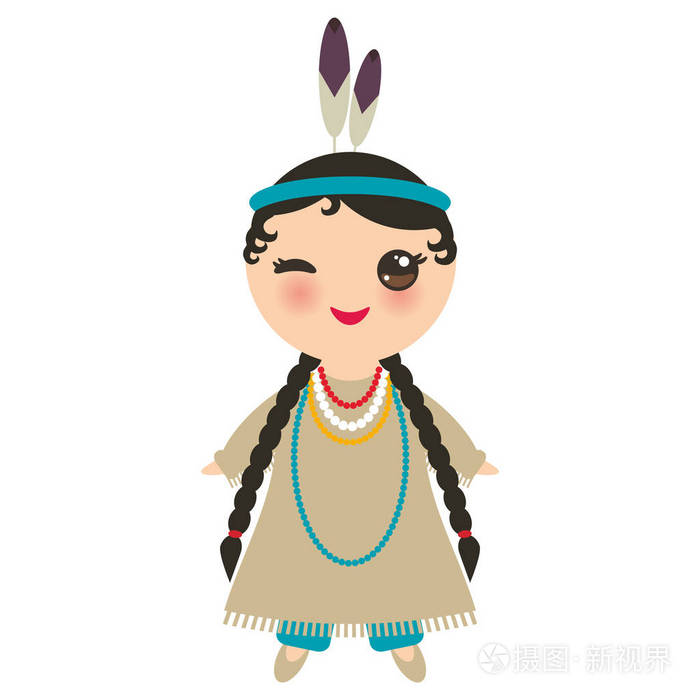 美国印第安人 kuaii 女孩在民族服装.动画片儿童在在.