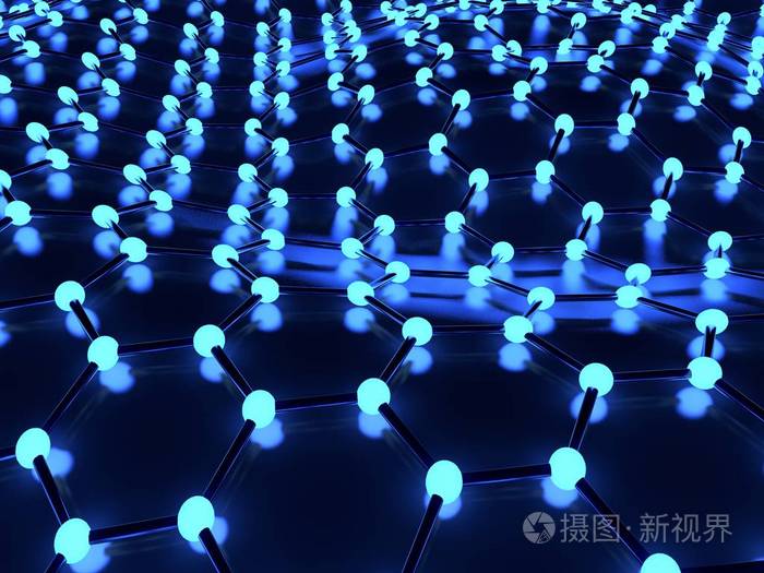 石墨烯分子的插图发光原子石墨烯的晶格碳的分子形态上的黑色背景3d