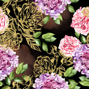美丽的水彩图案与玫瑰花和 hudrangea