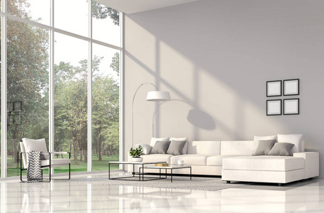 现代客厅内部3d 渲染。客房铺有白色地板, 配有灰色的墙壁, 配有白色的布艺家具。有很大的窗户。俯瞰自然景观