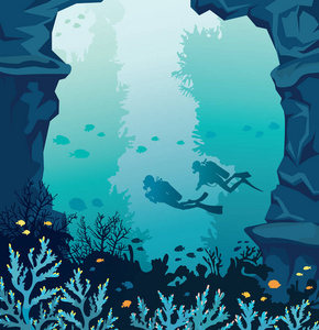 水肺潜水 珊瑚礁 石墙和蓝色的大海