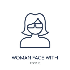 女人脸与太阳镜图标。妇女面孔与太阳镜线性标志设计从人汇集。简单的大纲元素向量例证在白色背景