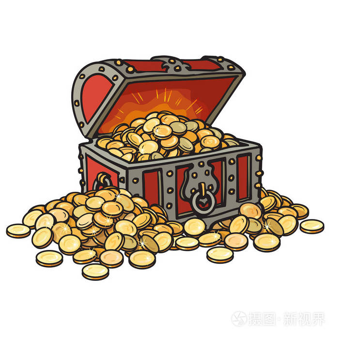 老箱子里有金币.堆硬币周围.动画片风格手绘向量例证