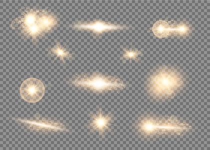 设置。闪亮的星，太阳粒子和火花的一个突出的效果，金黄散景灯闪光和亮片。在一个黑暗的背景透明。向量 Eps10图片
