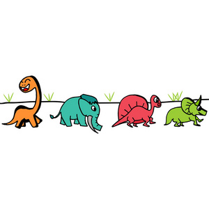恐龙手绘设置与可爱的动物汇集多色