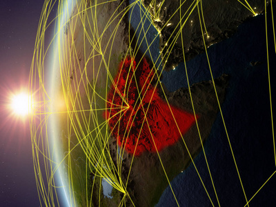 埃塞俄比亚从太空模型上的地球在日落与国际网络。数字通信或旅行的概念。3d 插图。美国宇航局提供的这张图片的元素