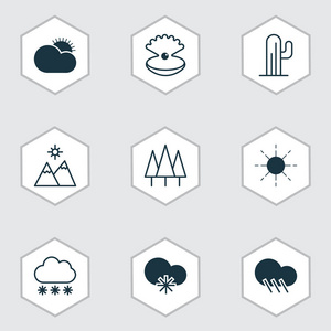 9 景观图标集。包括贝壳 寒冷的气候，雨滴和其他符号。漂亮的设计元素