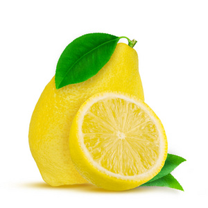 柠檬。水果，一半，叶上白色孤立