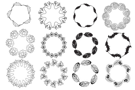 设置的手绘涂鸦花圈。矢量手绘制的插画黑色和白色。卡，传单的设计元素