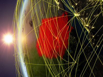 苏丹从太空模型上的地球在日落与国际网络。数字通信或旅行的概念。3d 插图。美国宇航局提供的这张图片的元素