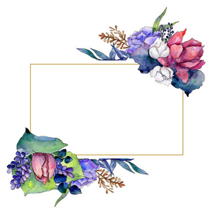 水彩五颜六色的花束混合花。花卉植物花卉。框架边框装饰方形