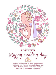 婚礼请柬美丽的结婚贺卡。美丽的新娘与花束在她的手被美丽的婚礼鲜花包围。带文本空间的矢量插图