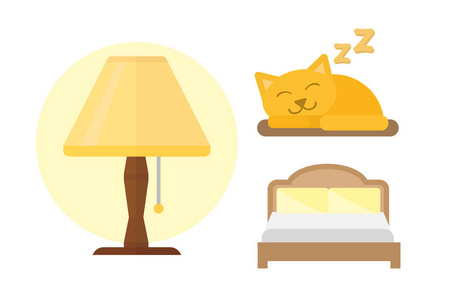 睡眠图标灯床矢量插图集的集合 nap 图标放松睡前集熟睡中的猫