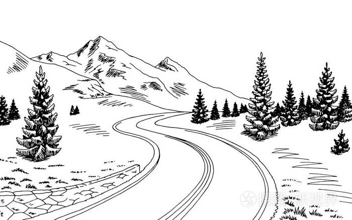 山区道路图形黑色白色景观素描图矢量