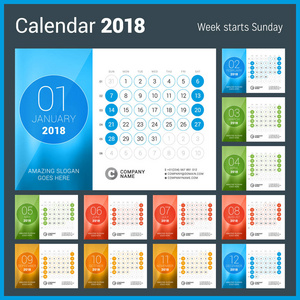 2018 年的台历。矢量设计打印模板。上周日的周开始。与周数的日历网格