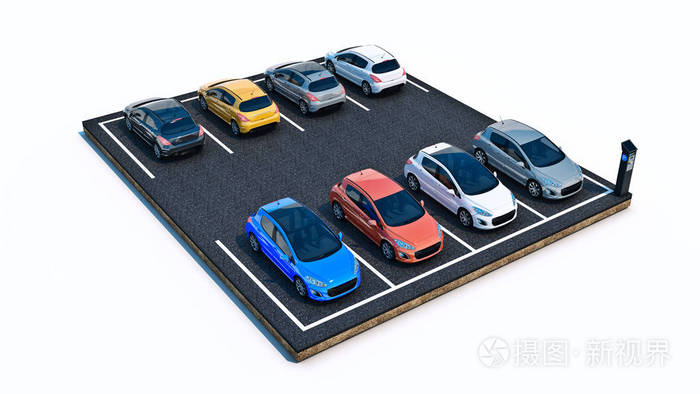 在停车场的汽车.3d 渲染