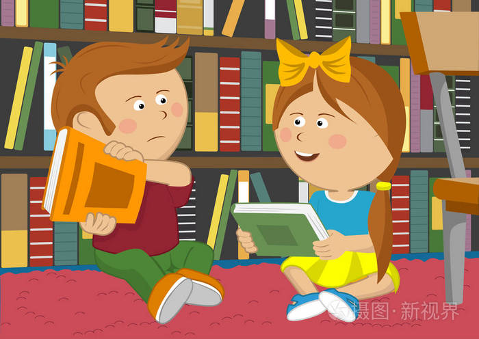 小女孩想要交换书可是那个男孩反对它坐在图书馆的地板