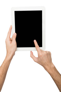 男人抱着空白的屏幕数字平板电脑