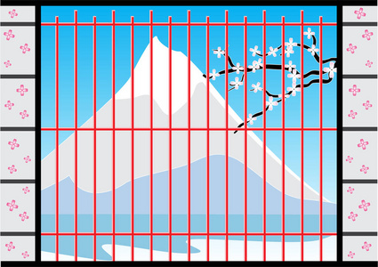 日本富士山景，矢量图的房子的窗户