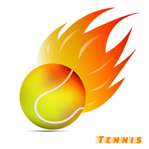 网球与红色橙色黄色调火在白色的背景。体育球标志设计。网球球标志。矢量。插图。图形