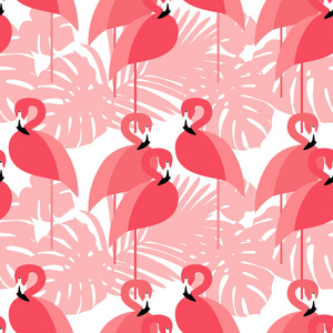 无缝矢量背景。粉红色的火烈鸟在热带背景上