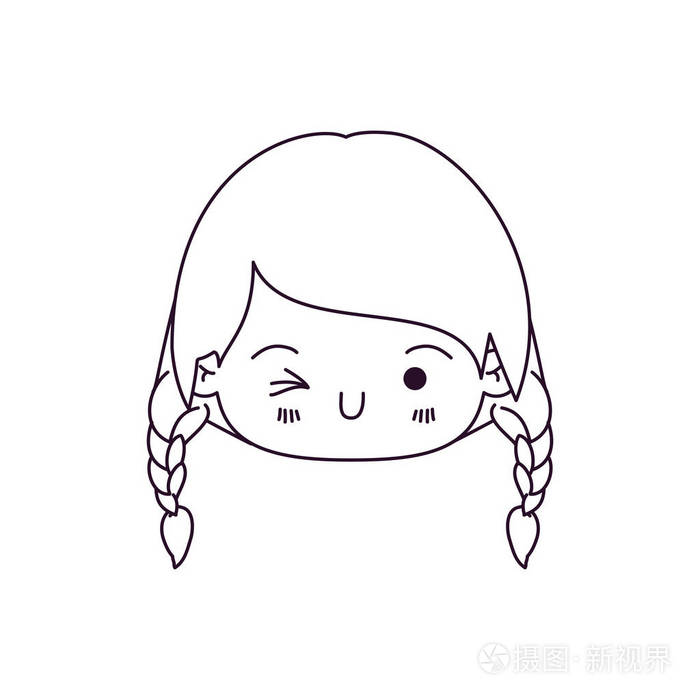 卡哇伊的单色剪影头编织的头发和面部表情眨眼睛的小女孩