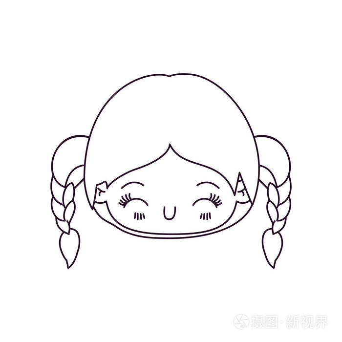 卡哇伊的单色剪影头辫子的小女孩和面部表情幸福闭着眼睛