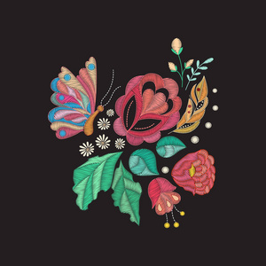 矢量刺绣设计。彩色花卉图案与装饰绣的花朵 叶子 蝴蝶和羽毛