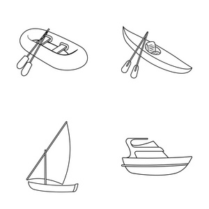 钓鱼船 皮艇桨 钓鱼帆船 游艇的橡胶。船舶和水运在 monocrome 风格矢量符号股票图 web 设置集合图标