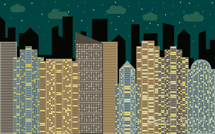 插画 夜晚的城市景观.现代建筑与城市景观, 摩天大楼的街景.eps