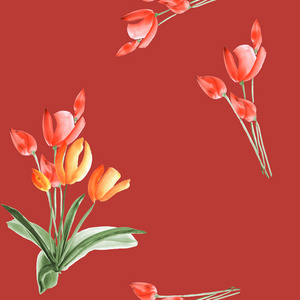 无缝模式的暗红色背景上开红色花的郁金香。水彩