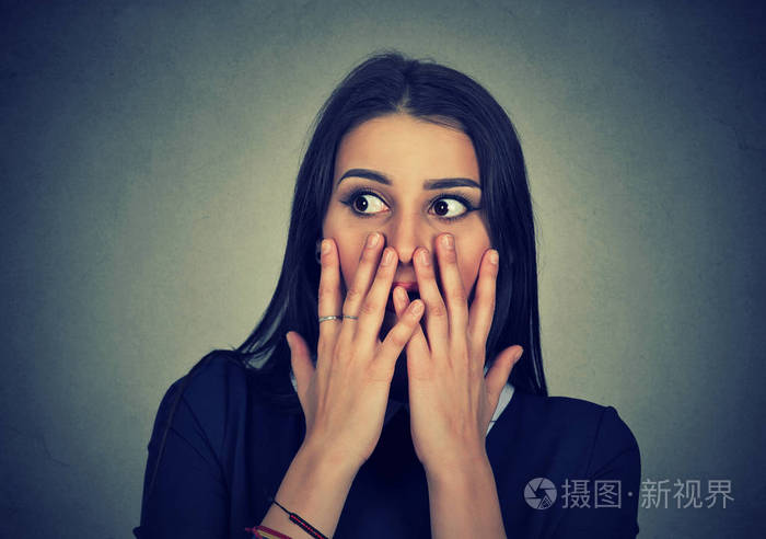 惊喜的震惊女孩捂嘴用手的肖像