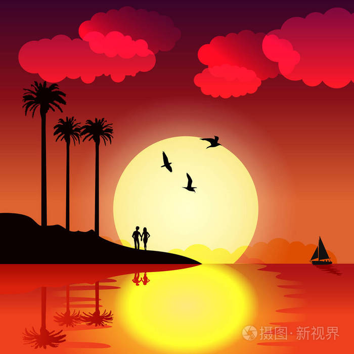 与棕榈树, 鸟, 夫妻爱, 小船和水反射的热带落日插画