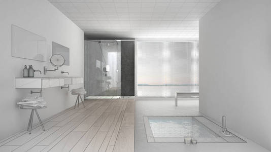 未完成的项目的极简主义白色和灰色浴室配有八