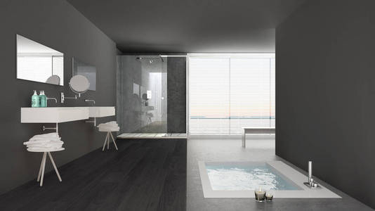 极简主义白色和灰色浴室配有浴缸和全景 w