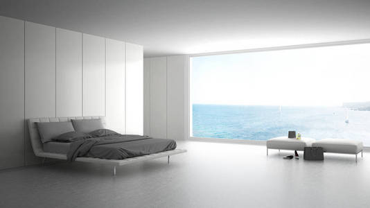 极简主义卧室大窗口对海全景，白色室内灯光
