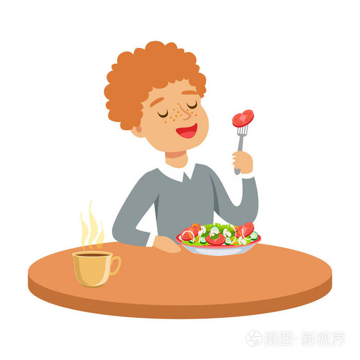 快乐的红发男孩坐在桌前,吃一份蔬菜沙拉,丰富多彩的人物矢量图
